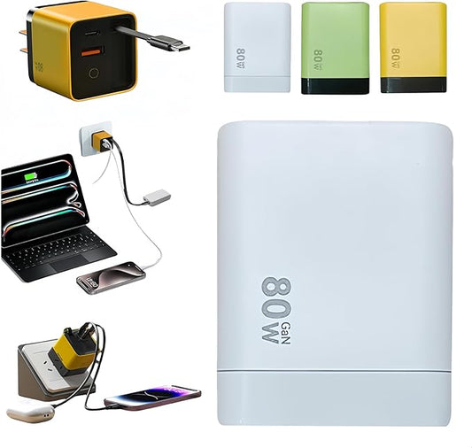 3 in 1 GaN Charger, Scalable 80w Max Fast Charger Module with Type C Cable and 2 USB Ports, Retractable Fast Charging Cable for Phone Laptops and Earphone