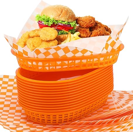Uiifan 24 Pcs Fast Food Baskets with 100 Deli Liners Deli Food Baskets 10.5 x 7 Inch Serving Burger Chip Trays for Hot Dog Hamburger Bread Picnic(Orange)
