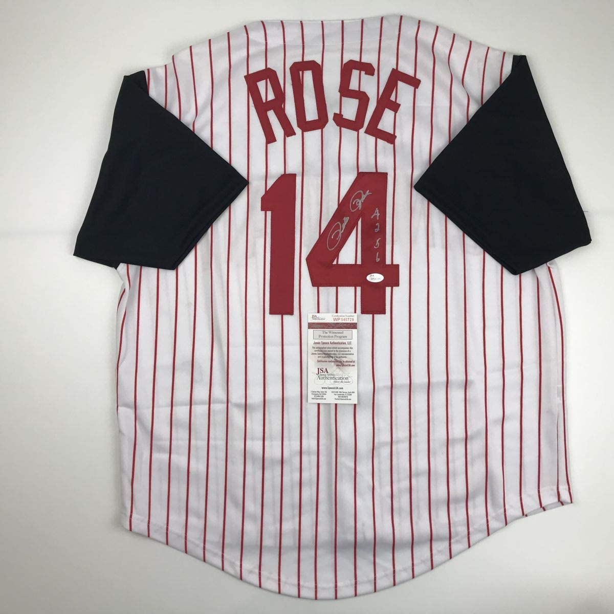 Autographed/Signed Pete Rose 4256 Cincinnati Pinstripe Baseball Jersey JSA COA