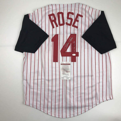 Autographed/Signed Pete Rose 4256 Cincinnati Pinstripe Baseball Jersey JSA COA