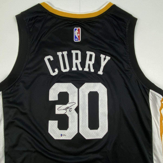 Autographed/Signed Stephen Steph Curry Golden State Black Basketball Jersey Beckett BAS COA Holo Only