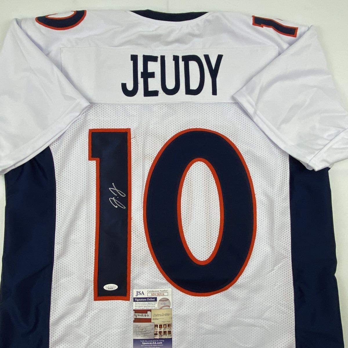 Autographed/Signed Jerry Jeudy Denver White Football Jersey JSA COA
