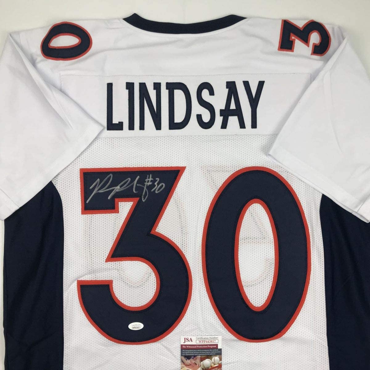 Autographed/Signed Phillip Lindsay Denver White Football Jersey JSA COA