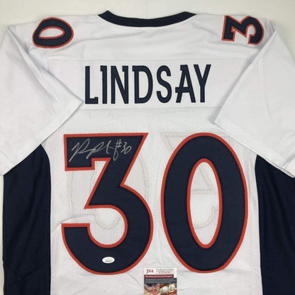 Autographed/Signed Phillip Lindsay Denver White Football Jersey JSA COA