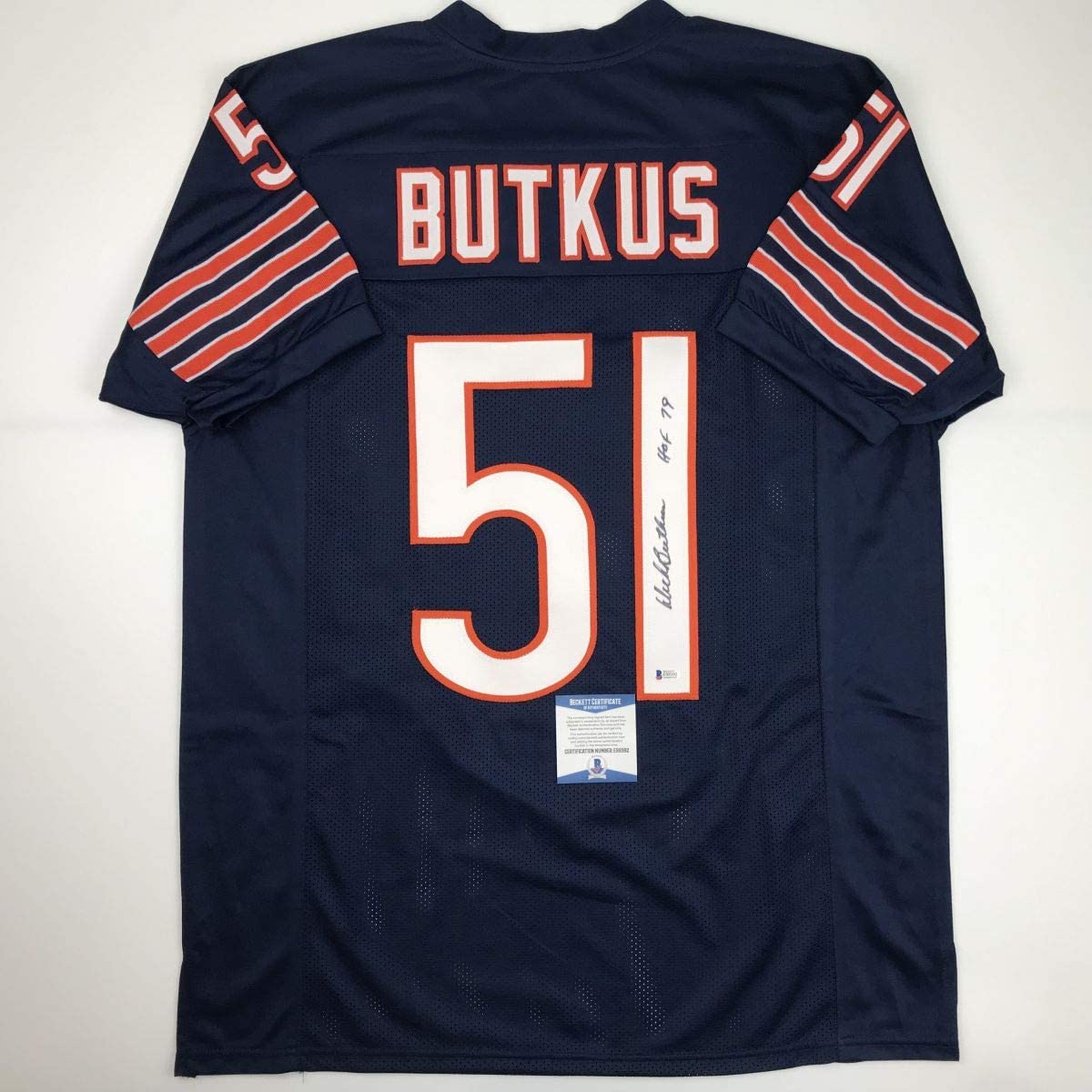 Autographed/Signed Dick Butkus HOF 79 Chicago Blue Football Jersey Beckett BAS COA