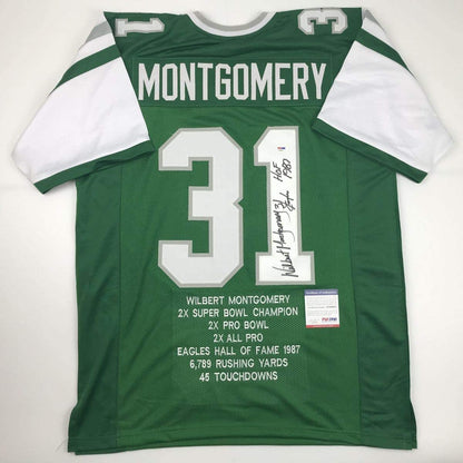 Autographed/Signed Wilbert Montgomery Philadelphia Green Stat Football Jersey PSA/DNA COA