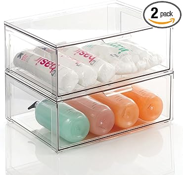 mDesign Plastic Stackable Bathroom Storage Organizer Bin Containers with Front Pull Drawer for Bathroom Countertop, Vanity, Closet Shelves - Holder for Accessories - Lumiere Collection, 2 Pack, Clear