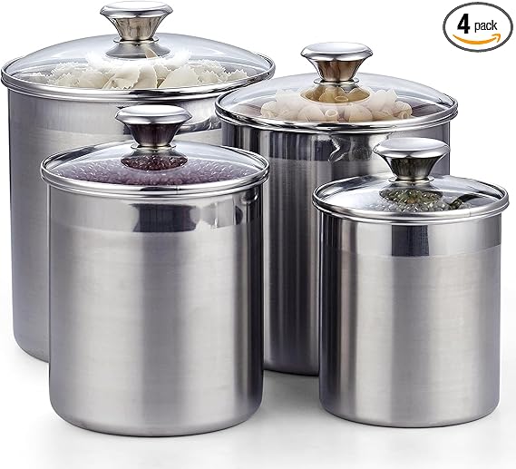 Cooks Standard Stainless Steel Food Jar Storage Canister Set Large 4-Piece, 1.6qt/2.5qt/3.5qt /5qt Airtight Containers with Glass Lid for Tea Coffee Sugar Flour Pantry Kitchen Counter