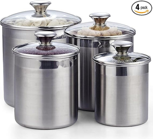 Cooks Standard Stainless Steel Food Jar Storage Canister Set Large 4-Piece, 1.6qt/2.5qt/3.5qt /5qt Airtight Containers with Glass Lid for Tea Coffee Sugar Flour Pantry Kitchen Counter