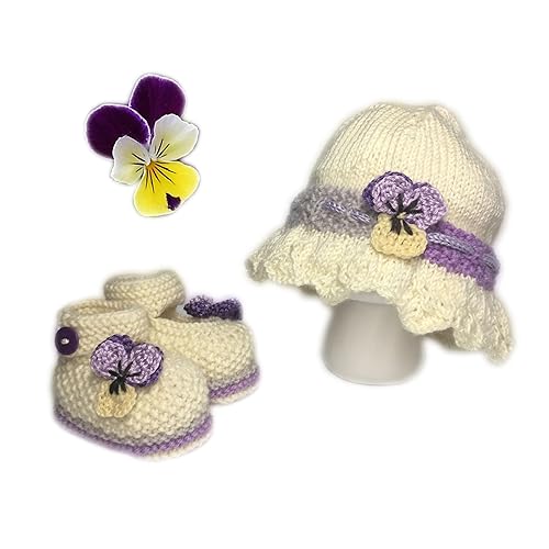 Baby Girl 2-Piece Knit Clothing Gift Set Cream Lavender 6-9 Months 100% Handmade Luxury from Nature Knitting Studio (NKS)