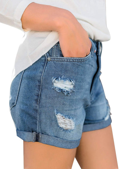 luvamia Women's Summer Casual Jean Shorts Stretchy High Rise Folded Hem Cutoff Denim Shorts 3 Inch Inseam Cute Shorts for Women Jive Outlasted Blue Size X-Large