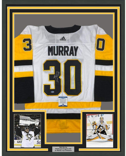 Framed Autographed/Signed Matt Murray 35x39 Pittsburgh White Hockey Jersey Beckett BAS COA