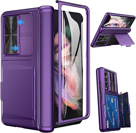 Viaotaily for Samsung Galaxy Z Fold 3 Case with Card Holder & Slide Camera Cover, Built-in Screen Protector & Hinge Protection, Shockproof Durable Wallet Phone Case for Galaxy Z Fold 3, Dark Purple