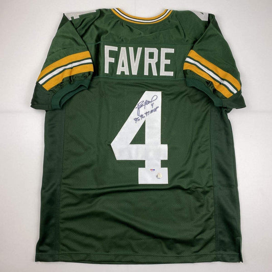 Autographed/Signed Brett Favre 95 96 97 MVP Green Bay Green Football Jersey PSA/DNA COA