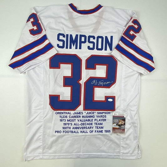 Autographed/Signed OJ O.J. Simpson Buffalo White Stat Football Jersey JSA COA