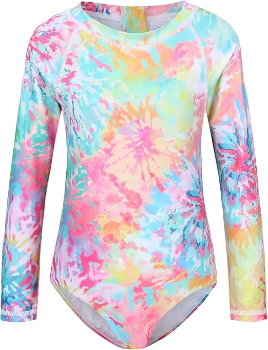 Girls Long Sleeve Rash Guard One Piece Swimsuits for Kids Tie Dye Bathing Suit UPF 50+ Swim Shirts 3-16 Years