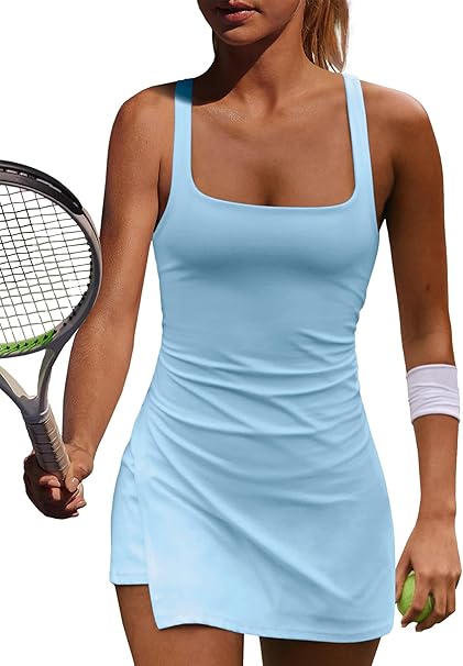 Wenlia Women's Low Back Cutout Tennis Dress with Separate Shorts and Built in Bra Square Neck Side Slit Workout Golf Dress