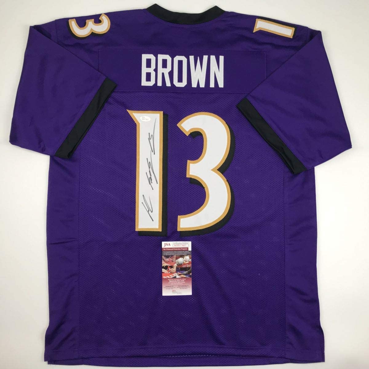 Autographed/Signed John Brown Baltimore Purple Football Jersey JSA COA
