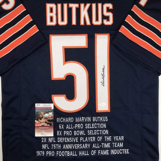 Autographed/Signed Dick Butkus Chicago Blue Stat Football Jersey JSA COA