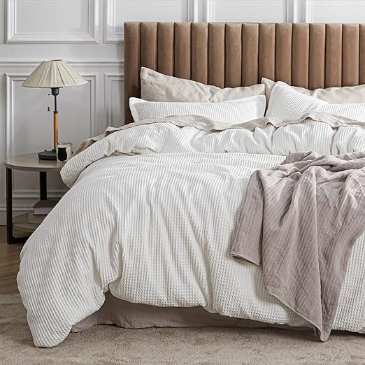 Bedsure Cotton Duvet Cover Queen - 100% Cotton Waffle Weave Coconut White Duvet Cover Queen Size, GentleSoftŠܢ and Breathable Bedding Set for All Season, 3 Pieces, 90"x90"