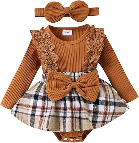 Baby Girl Clothes Fall Winter Outfit Plaid Romper Long Sleeve Dress Lace Ruffles Bodysuit with Bow Headband