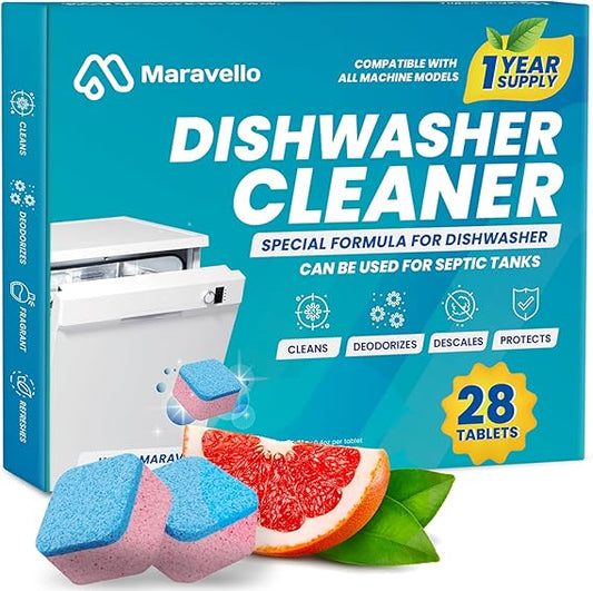 Dishwasher Cleaner and Deodorizer 28 Tablets: Maravello Dish Washer Machine Deep Clean Descaler Pods for Cleaning Heavy Duty Grease, Limescale, Hard Water, Calcium and Odor Removal - Septic Tank Safe