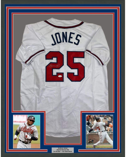 Framed Autographed/Signed Andruw Jones 35x39 Atlanta White Baseball Jersey JSA COA