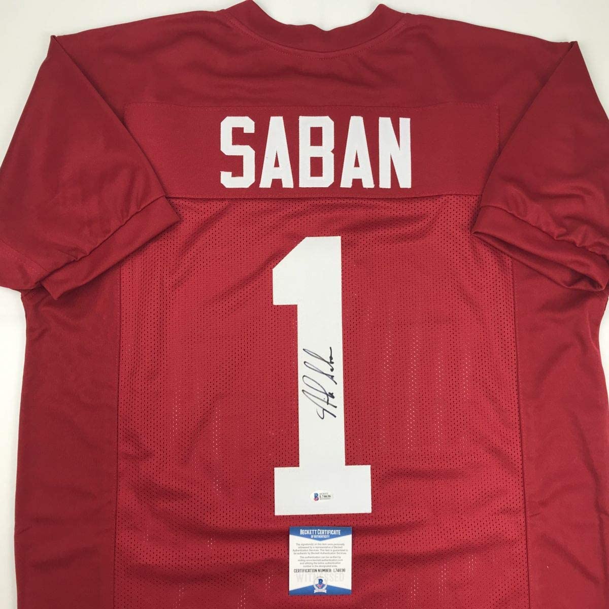 Autographed/Signed Nick Saban Alabama Red College Football Jersey Beckett BAS COA