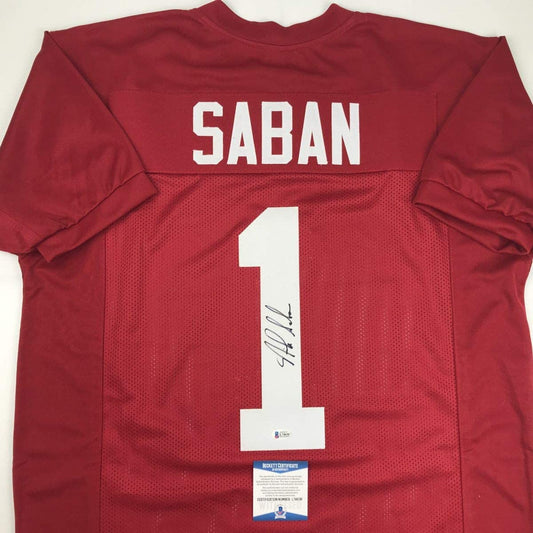 Autographed/Signed Nick Saban Alabama Red College Football Jersey Beckett BAS COA