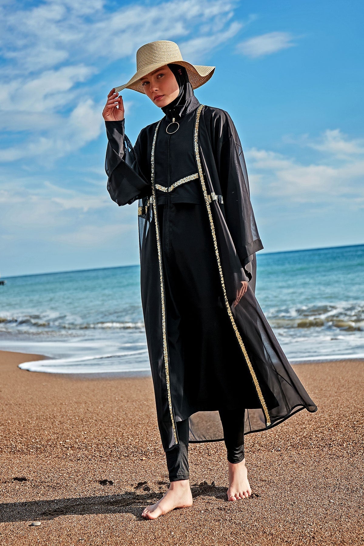 Woven Black Burkini Modest Swimwear M2410
