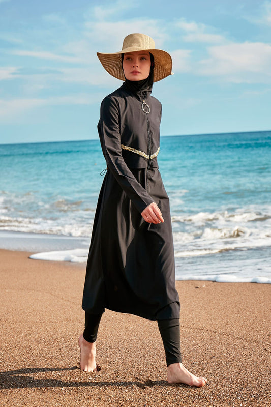 Woven Black Burkini Modest Swimwear M2410