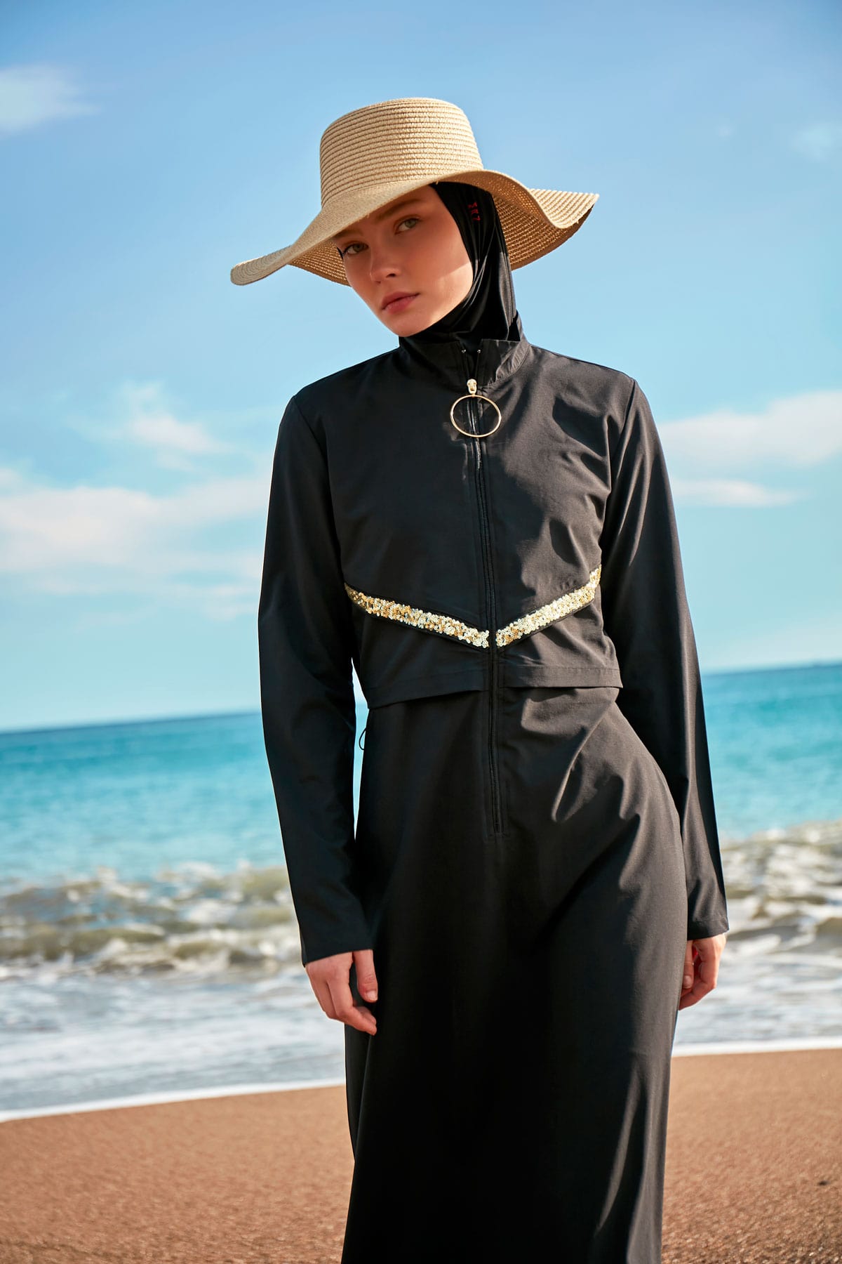 Woven Black Burkini Modest Swimwear M2410