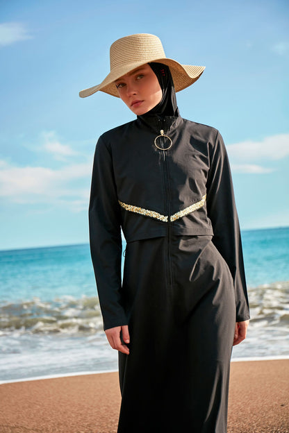 Woven Black Burkini Modest Swimwear M2410