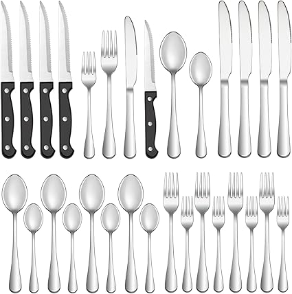 24 Pcs Silverware Set with Steak Knives Service for 4, Stainless Steel Flatware Set, Mirror Polished Cutlery Utensil Set, Home Kitchen Eating Tableware Set, Include Fork Knife Spoon Set, Dishwasher Safe