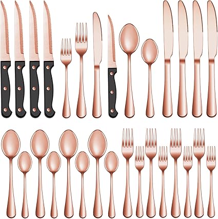24 Pcs Rose Gold Silverware Set with Steak Knives Service for 4, Stainless Steel Flatware Set, Mirror Polished Cutlery Utensil Set, Kitchen Eating Tableware, Include Fork Knife Spoon Set, Dishwasher Safe