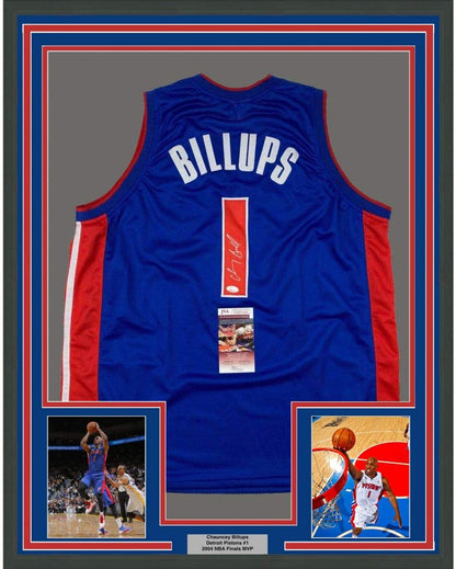 Framed Autographed/Signed Chauncey Billups 35x39 Detroit Blue Basketball Jersey JSA COA