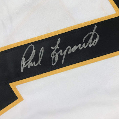 Framed Autographed/Signed Phil Esposito 35x39 Boston White Hockey Jersey JSA COA