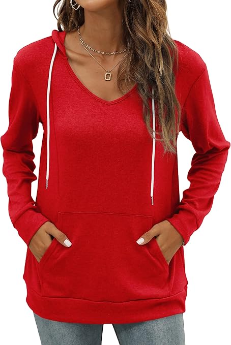 Saloogoe Kangaroo Pocket Hoodies for Womens V Neck Lightweight Sweatshirts Long Sleeve Tops