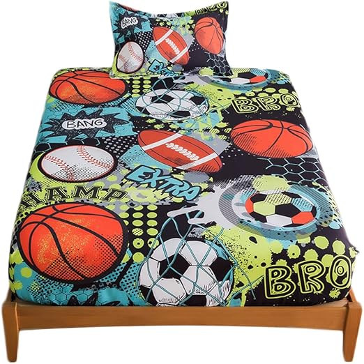 qjmiaofang Football Sheets Twin for Boys Sports Fitted Sheet 2 Pieces Kids Soccer Basketball Baseball Bedding Sets Rugby Balls Themed Bed Set for Home