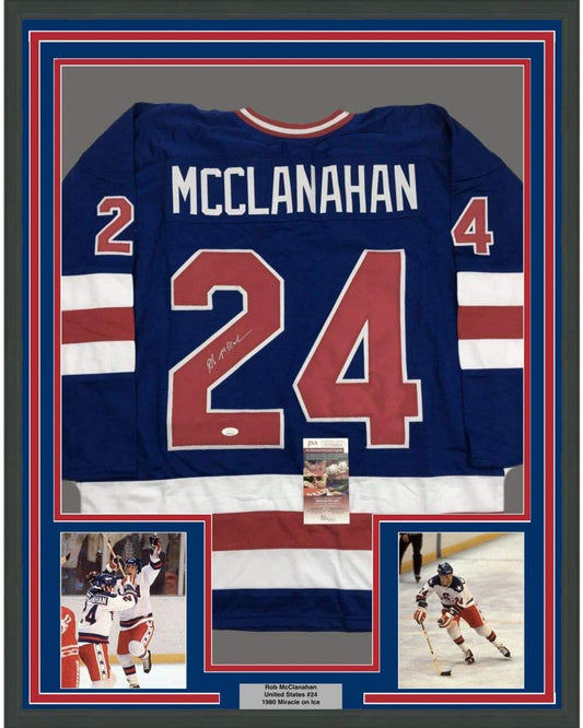 Framed Autographed/Signed Rob McClanahan 35x39 Blue Team USA Miracle On Ice 1980 Olympics Hockey Jersey JSA COA
