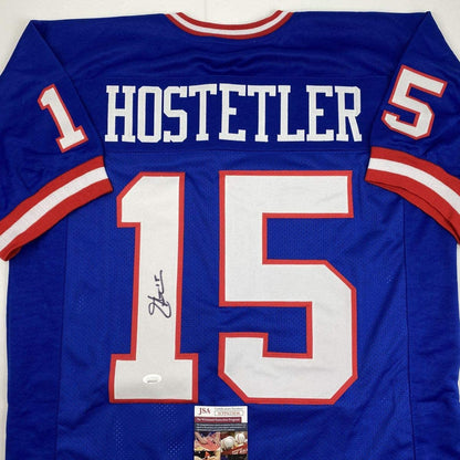 Autographed/Signed Jeff Hostetler New York Blue Football Jersey JSA COA