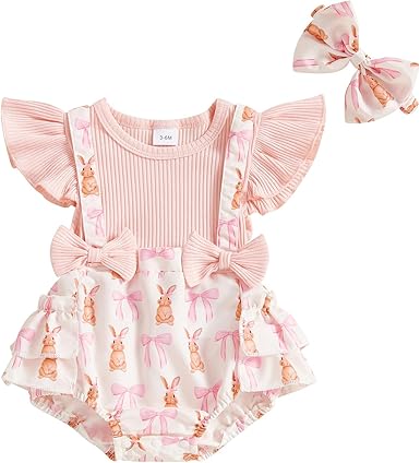 Baby Girl Easter Outfit Newborn Sleeveless Bunny Onesie Ruffle Bubble Romper My First Easter Baby Girl Clothes