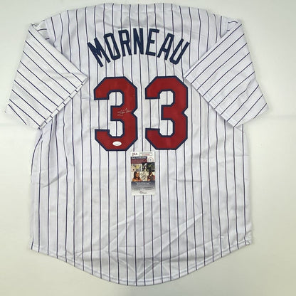 Autographed/Signed Justin Morneau Minnesota Pinstripe Baseball Jersey JSA COA