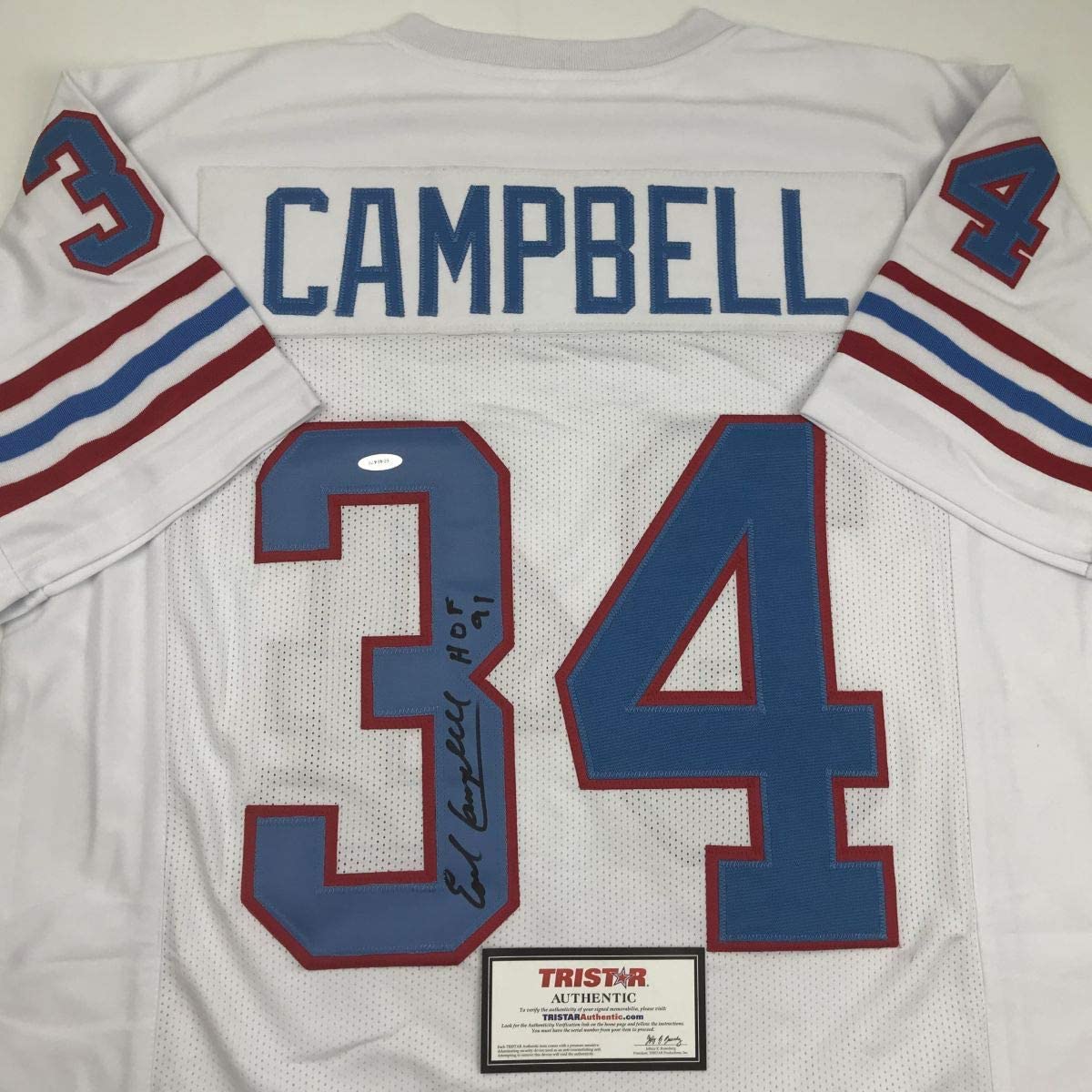 Autographed/Signed Earl Campbell HOF 91 Houston White Football Jersey Tristar COA