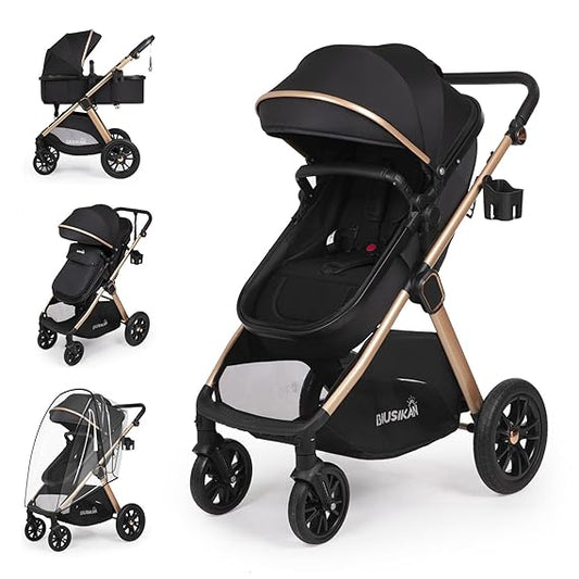 6-in-1 Convertible Baby Stroller with Bassinet Mode - Toddler Stroller w/Footmuff, Rain Cover, Cup Holder & Large Storage, Newborn Stroller w/All-Scene Large Wheels, Reversible Seat(Black)