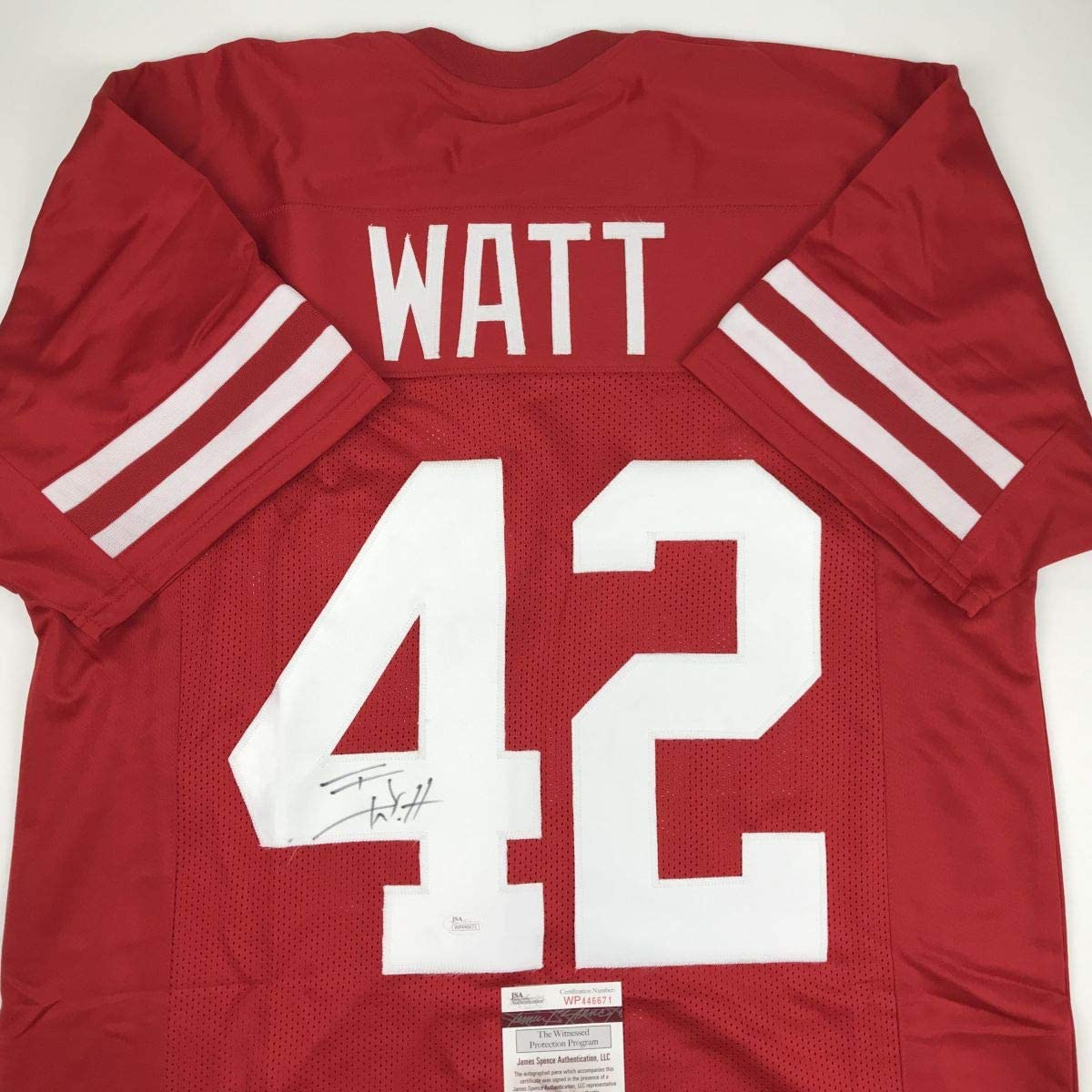 Autographed/Signed TJ T.J. Watt Wisconsin Red College Football Jersey JSA COA