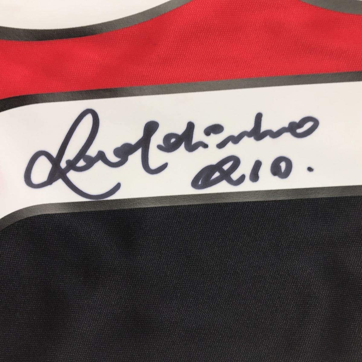 Framed Autographed/Signed Ronaldinho 35x39 AC Milan Red/Black Soccer Futbol Jersey Beckett BAS COA
