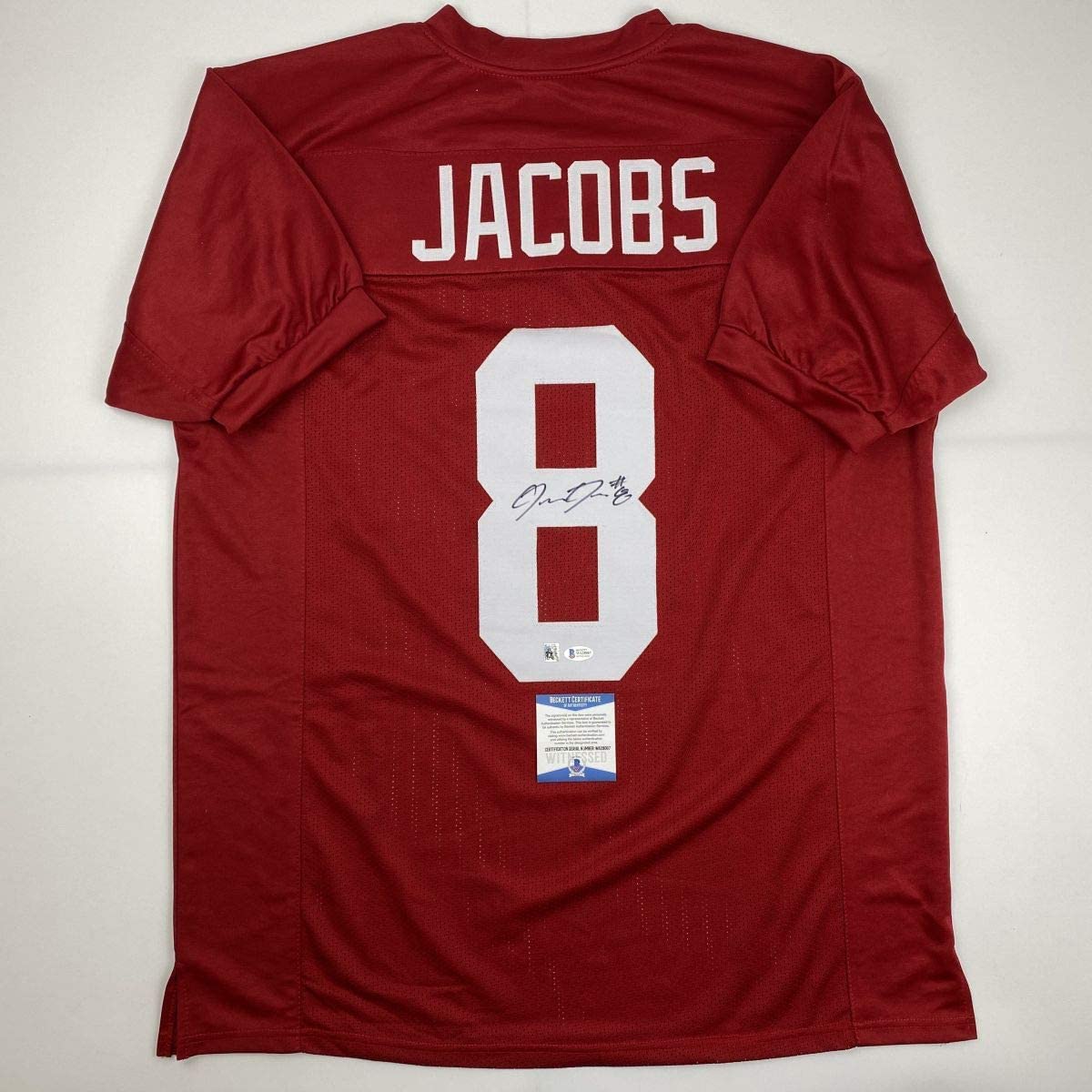 Autographed/Signed Josh Jacobs Alabama Red College Football Jersey Beckett BAS COA