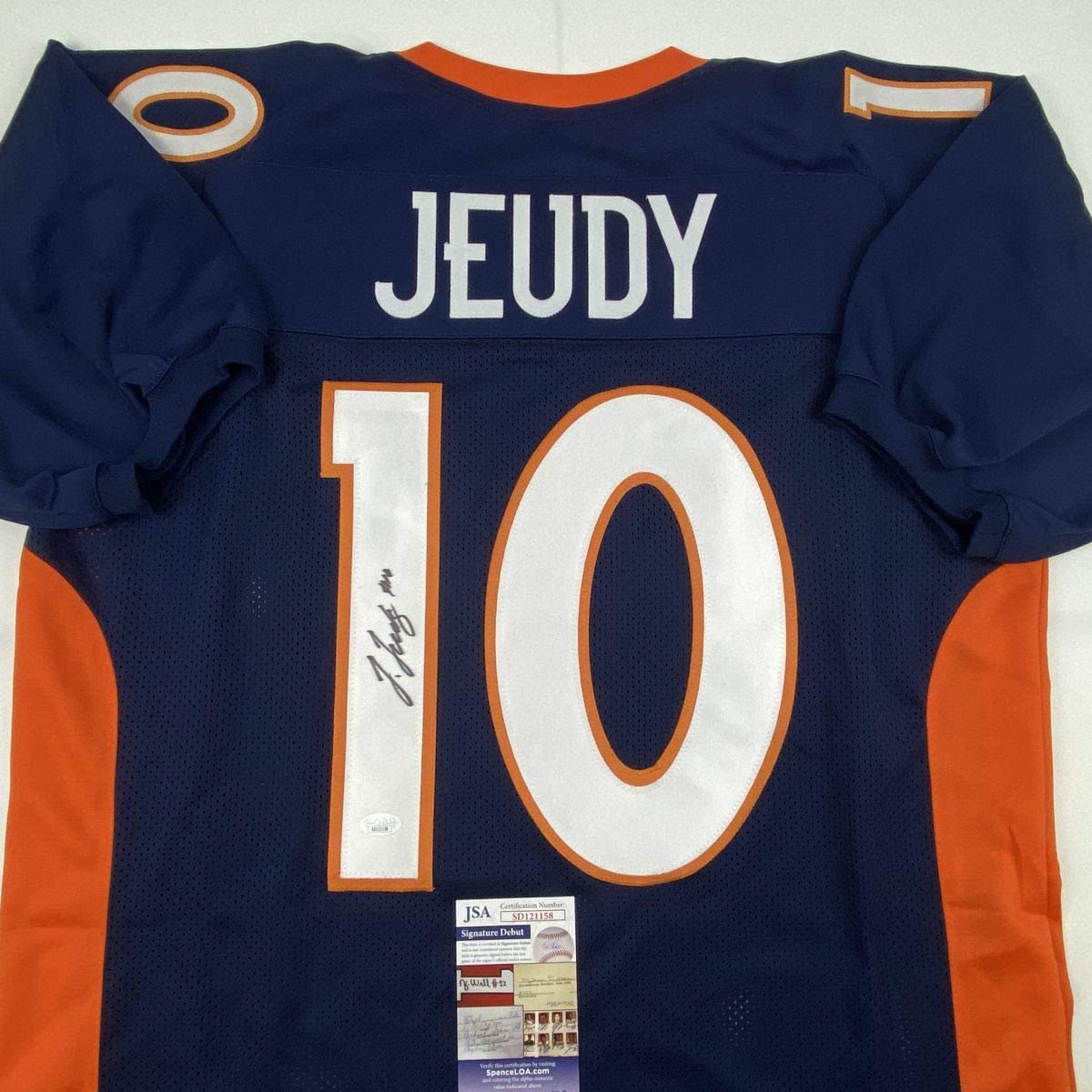 Autographed/Signed Jerry Jeudy Denver Blue Football Jersey JSA COA