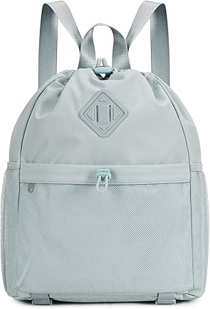 WANDF Drawstring Backpack Sports Gym Bag with Yoga Mat Strap, Water-Resistant String Backpack Cinch Bag with Mesh Pocket for Women Men (Grey, Patent Pending)